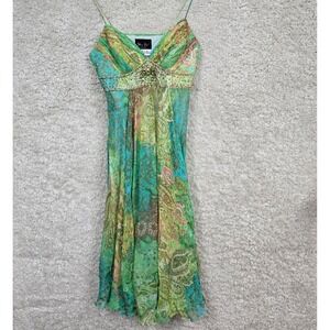 Diane Freis Silk Paisley Beaded Dress Women 8 Green Blue Boho Babydoll Y2K Midi